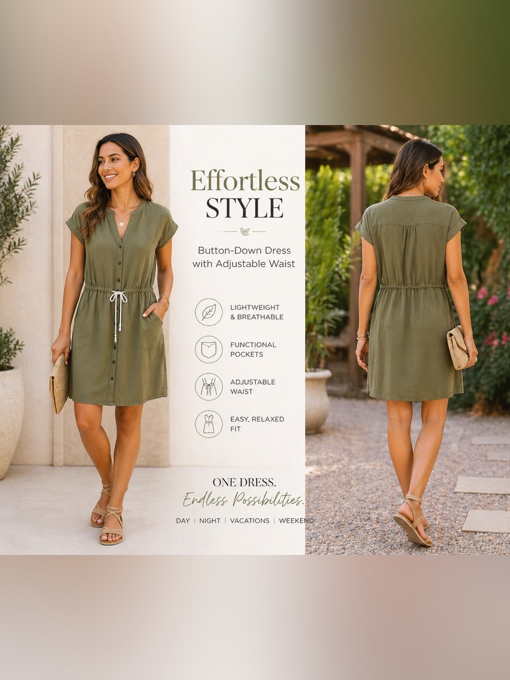 Sonoma Olive Button-Down Mini Dress with Drawstring Waist
